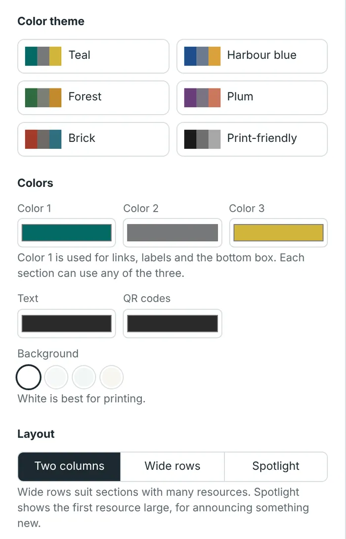 The Design tab: color themes, colors and layout