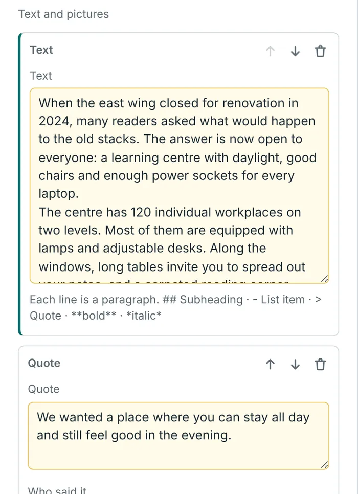 The fields of an article: text, quote and box
