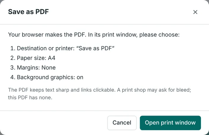 The window Save as PDF with the settings for the print window