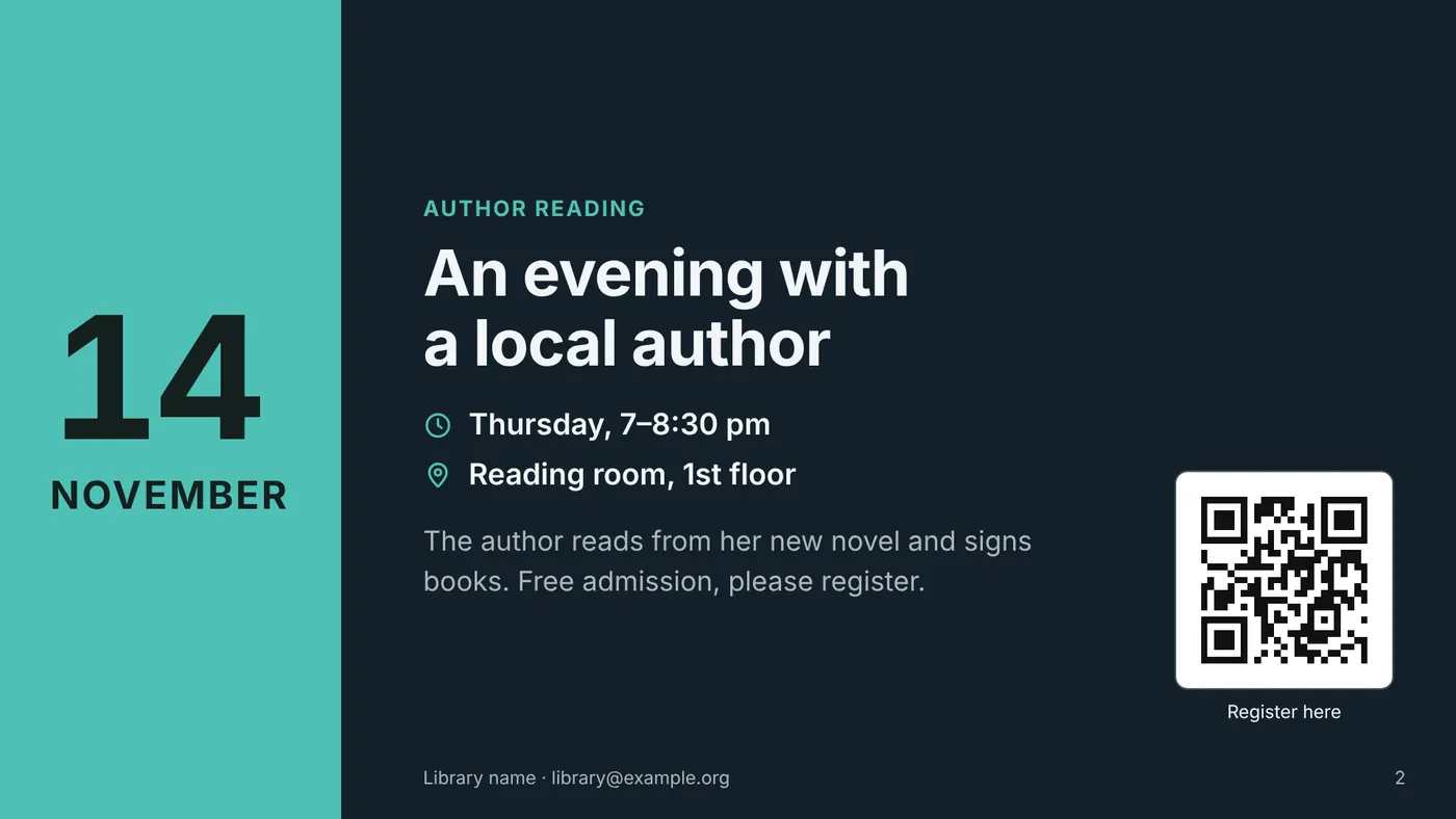 An event slide in the Night theme