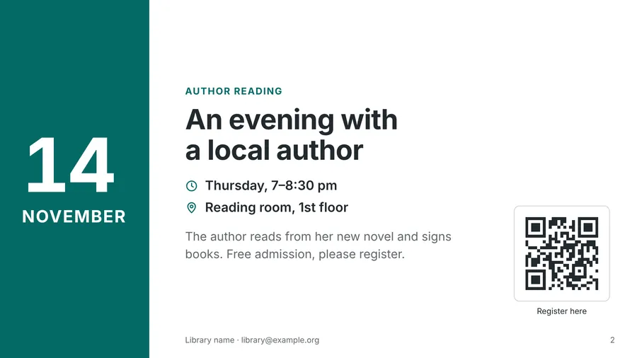 An event slide with a QR code for registration