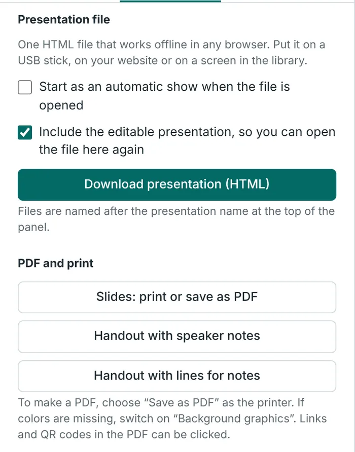 Presentation file and PDF on the Show and export tab