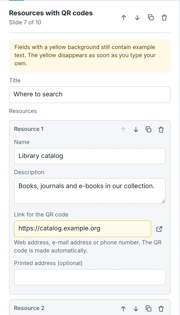 The fields of a slide with resources