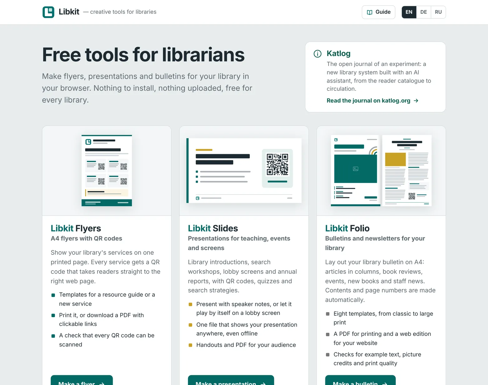 The Libkit start page with the three tools, Libkit Flyers, Libkit Slides and Libkit Folio
